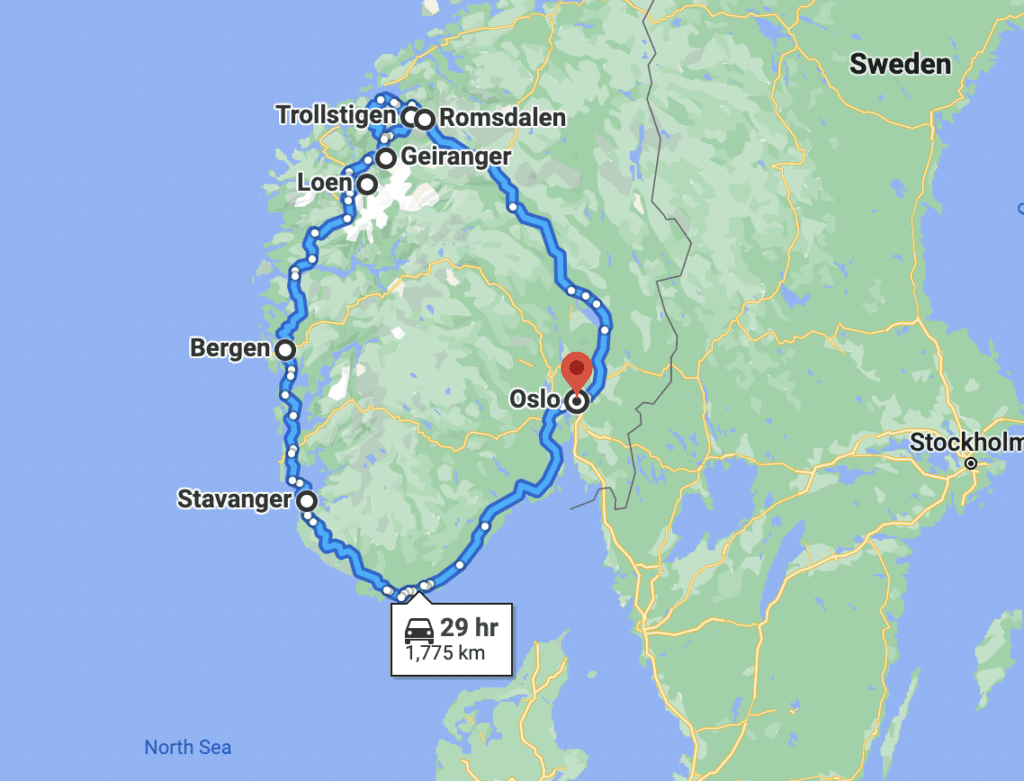 A map of the south Norway road trip tour, be mindful of road closures!