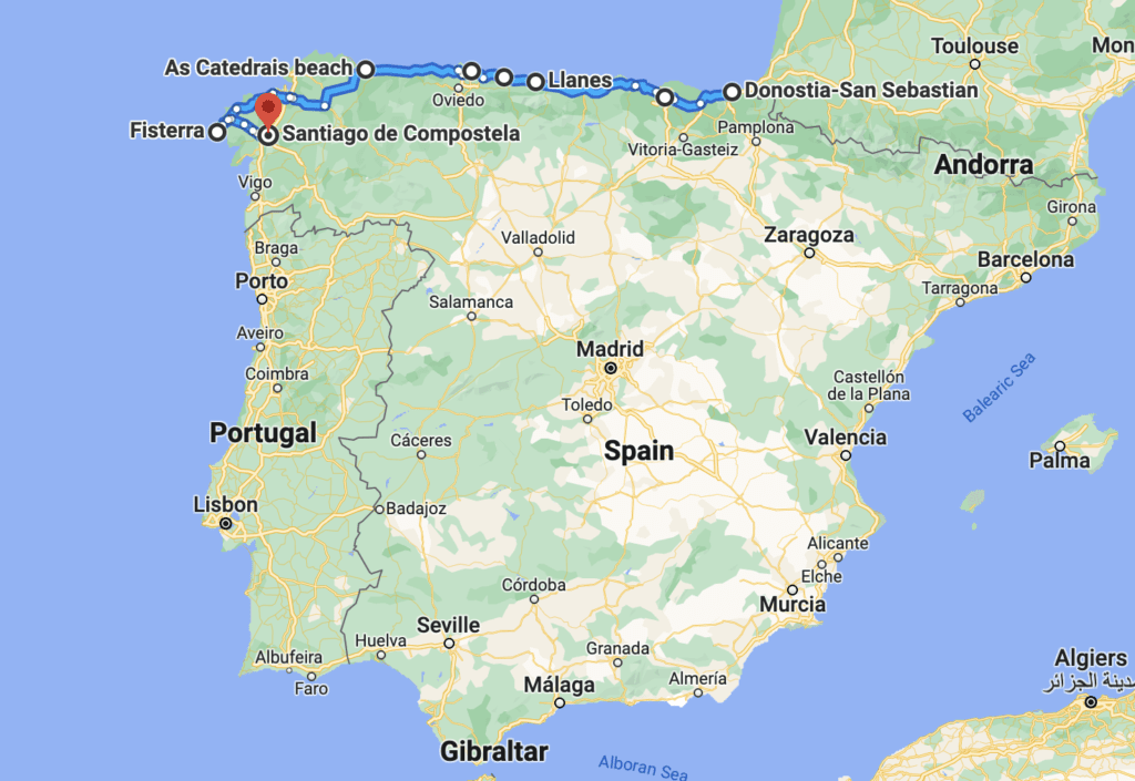 The route of the northern spain road trip.
