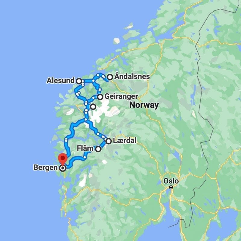 Map of the Road Trip from Bergen to Alesund.