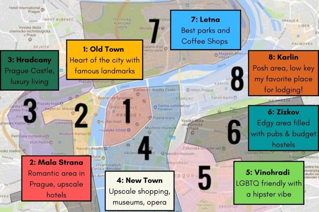 Map of Prague for your 4 day itinerary - very helpful to. know the neighborhoods and what they're known for!