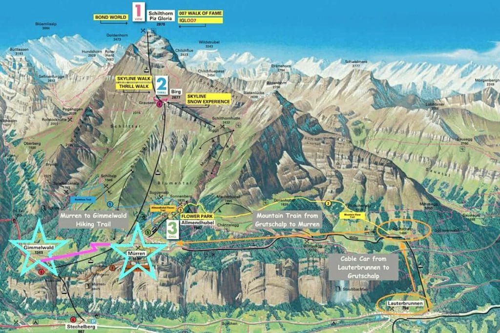 You will get this map in Lauterbrunnen when you go up the gondola, but here are a few key interest points (credit to a very keen travel blogger) for the Switzerland to Italy road trip, specifically the Jungfrau region.
