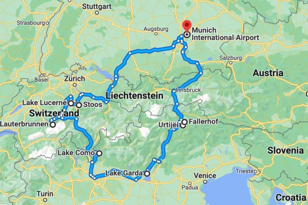 Our map and route of the Switzerland to Italy road trip actually starts in Munich because of where our flights landed.