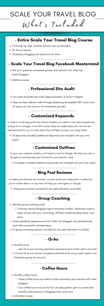 What's included in. the Scale your Travel Blog course - hint hint! A lot of useful tips for beginner bloggers.