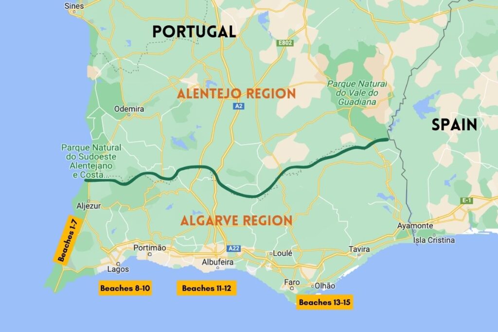 Large map of Algarve with beaches, roads and other marks
