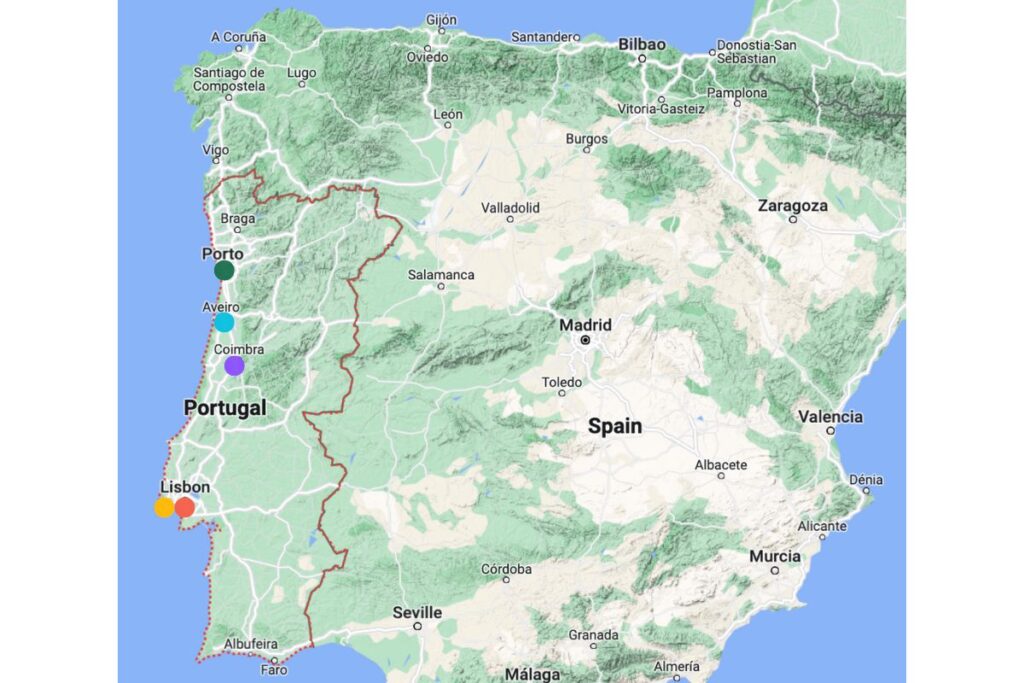 A map of the 7 day itinerary from Lisbon to Porto.