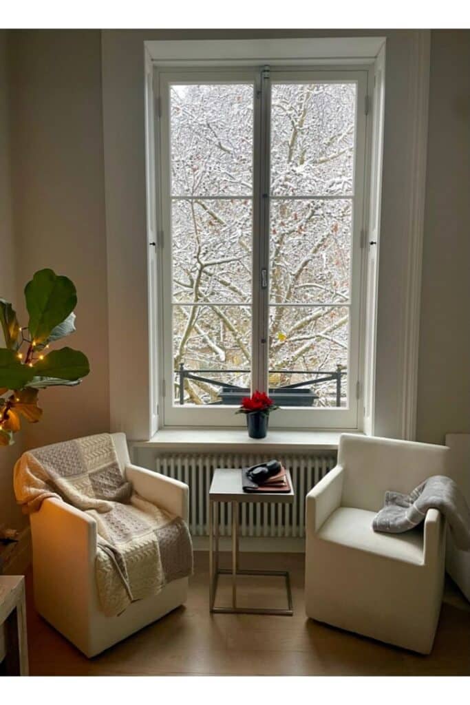 Cozy view from our place in London this past winter when it snowed outside.