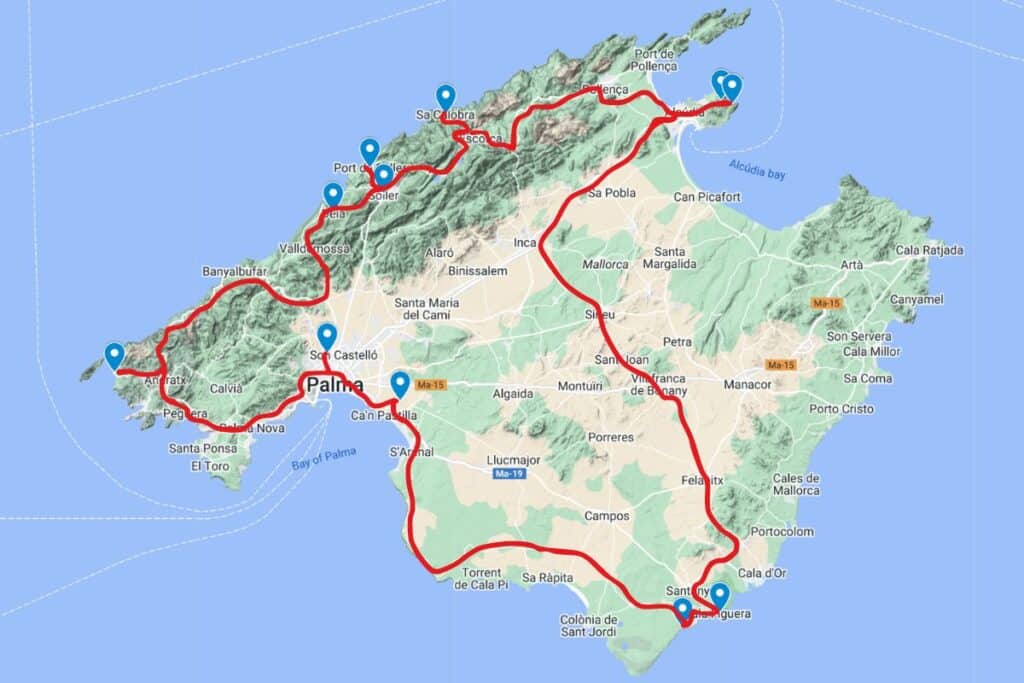 The route of my 7-day road trip in Mallorca.