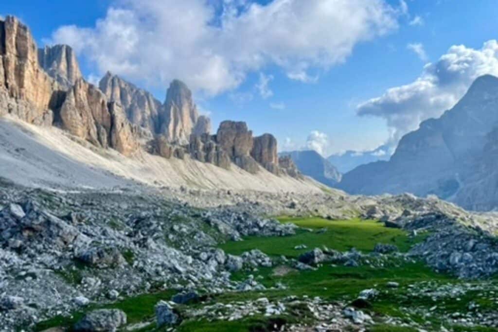 The craggy rocks of the Dolomites on the Alta Via 1 hike.