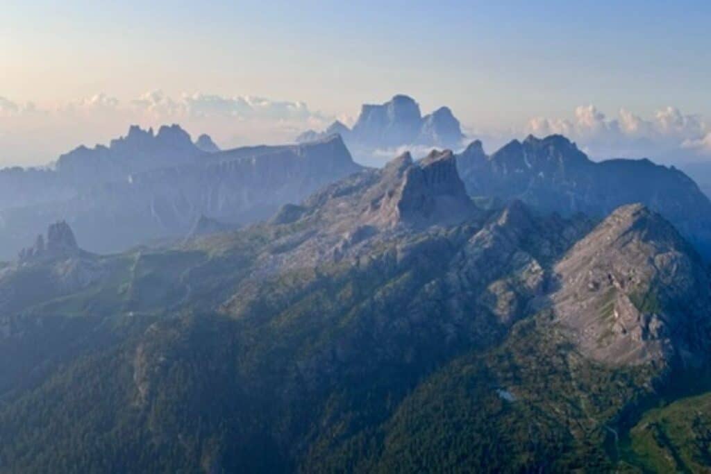 Views at sunrise of the Dolomites from the top of Rifugio Lagazuoi.