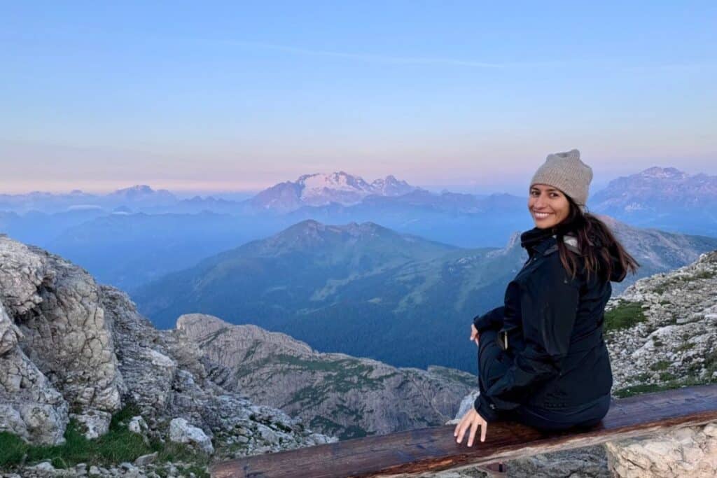 Sunrise in the Dolomites at the top of Rifugio Lagazuoi.