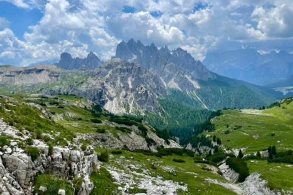 The views leading the the Cadini di Misurina view point in the Dolomites.