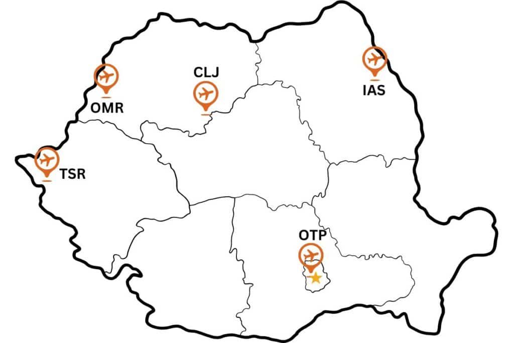 Map of Romania and their major airports.